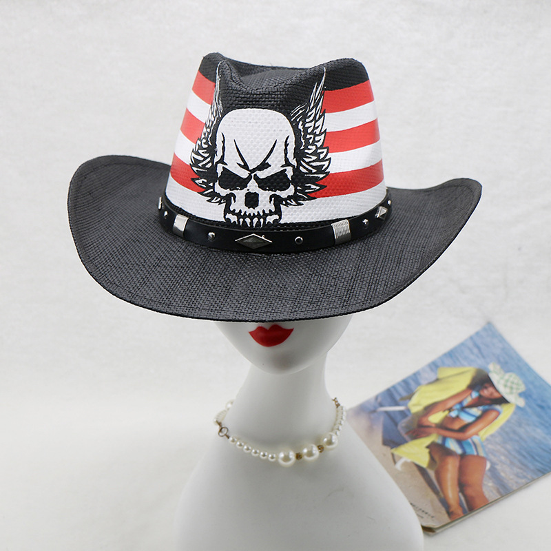 Cowboy Hat Straw - หมวกคาวบอยสไตล์ตะวันตกสีดำสำหรับผู้ชาย หมวกกลางแจ้งทรง Skull Curling ทำจากฟาง ลดราคาพิเศษ