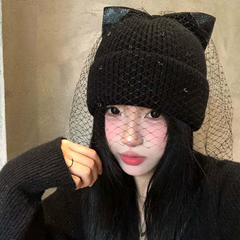 Beanie Cuffed Knit - หมวกบีนนี่ถักลายหูแมวสไตล์ Y2K พร้อมผ้าคลุมตาข่ายประดับเพชรเทียม ขอบพับ หมวกกันหนาวสำหรับผู้หญิง หมวกแฟชั่นน่ารักสำหรับงานปาร์ตี้