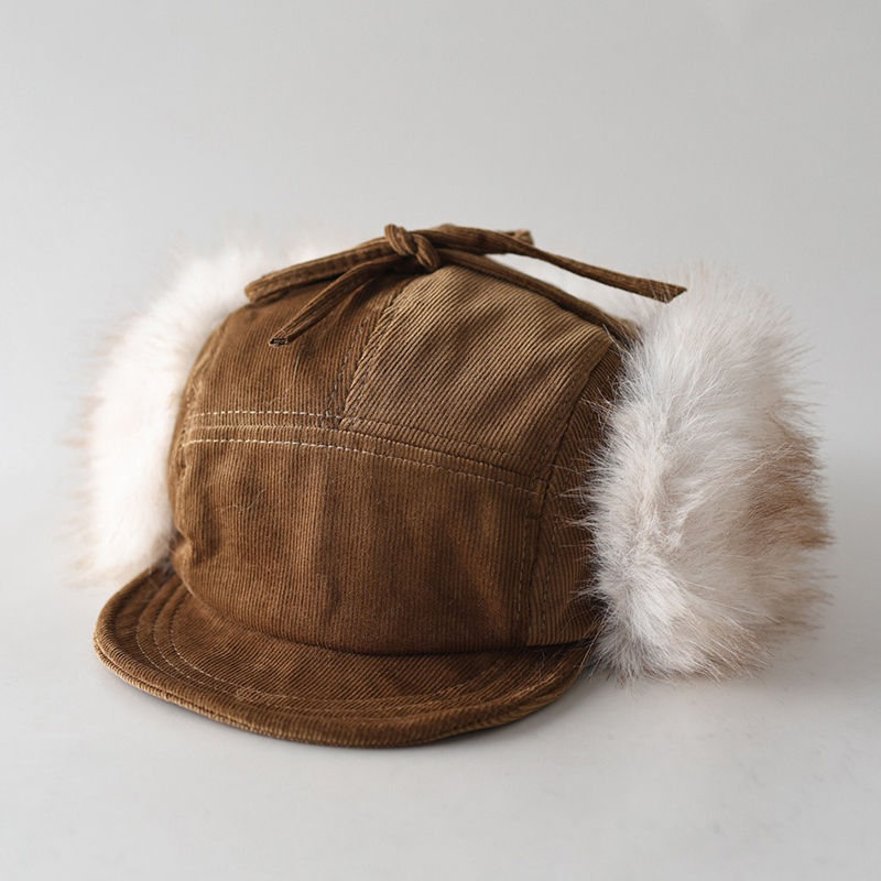 Corduroy Cap 5 Panel - หมวกบอมเบอร์ผ้าลูกฟูก 5 แผง ใส่ได้ทั้งชายและหญิง หมวกกันหนาวขนเฟอร์เทียมนุ่มฟู มีที่ปิดหู