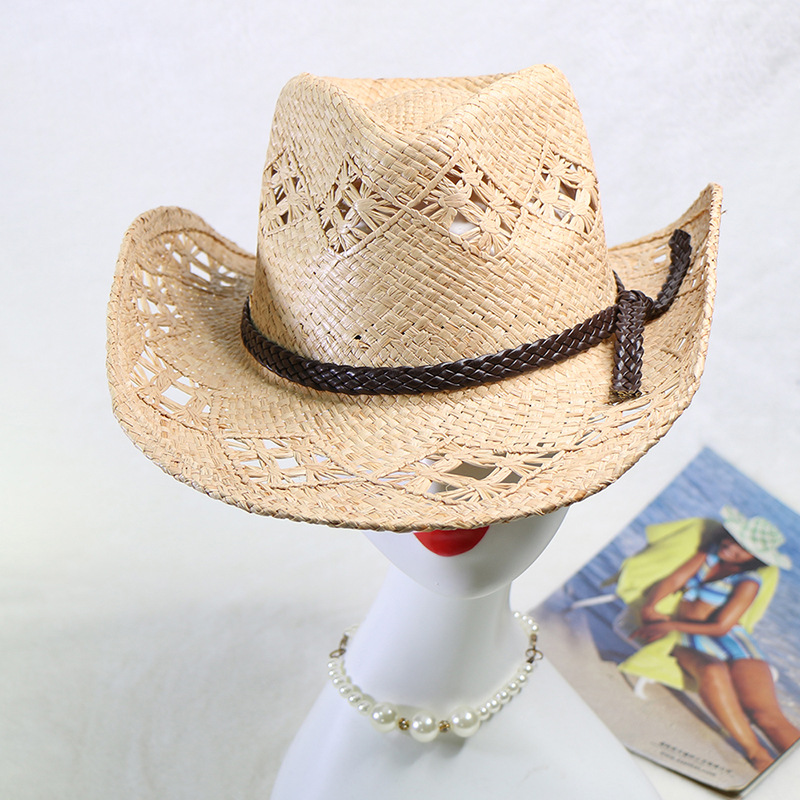 Cowboy Hat Straw - หมวกคาวบอยตะวันตก ลายถักมือจากราฟเฟีย หมวกฟางกันแดดระบายอากาศได้ดี ขายดีในอีเบย์